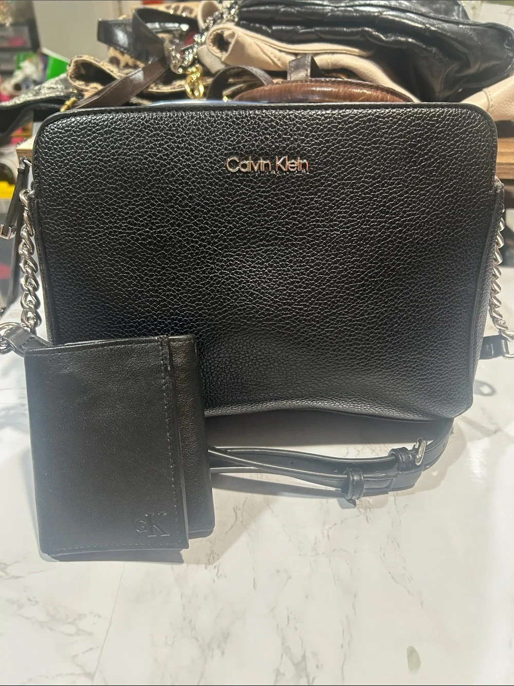 Calvin Klein Black Leather Crossbody Bag with Card Wallet